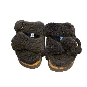 Papillio Black Teddy Bear Shearling Platform Sandals Sz 39/8-8.5